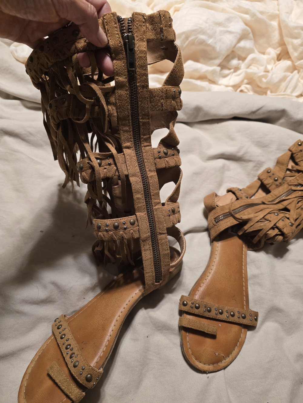 Not Rated Tan Fringe Gladiator Sandals with Stud Accents